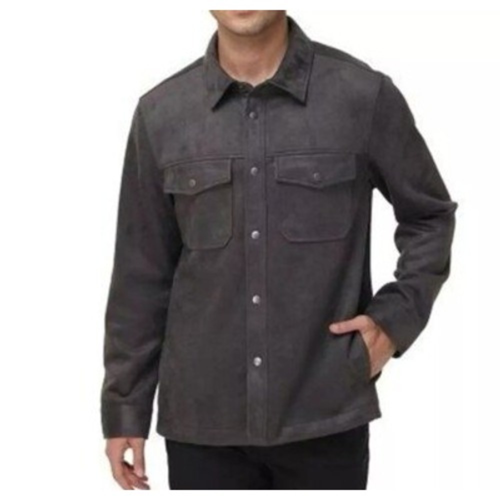 Frye Mens Faux Suede Snap Front Shirt Jacket Charcoal Grey Large